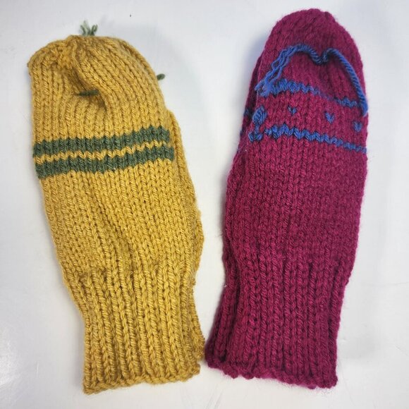 Hand Knit Mittens Lot of Womens 8.5" Long Burgundy Blue & Yellow & Green - Picture 1 of 4